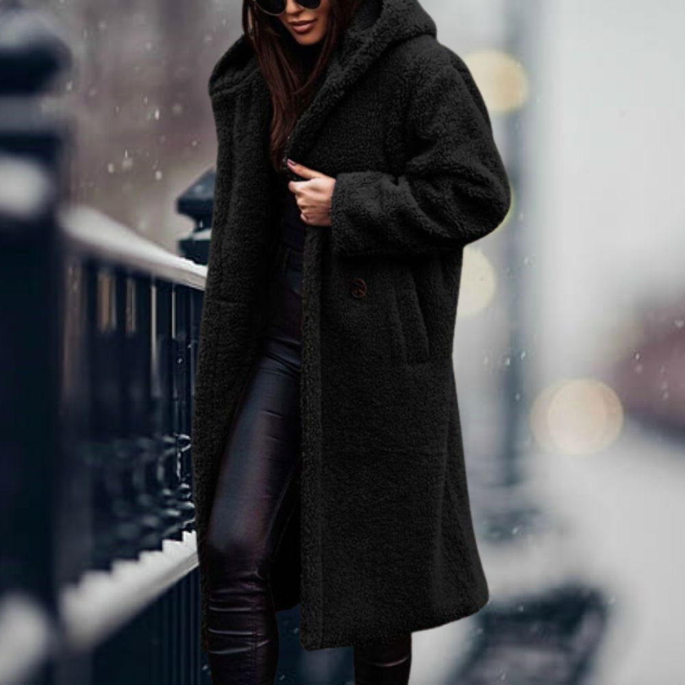Women's Jacket with Elegant Faux Fur Hood in Black