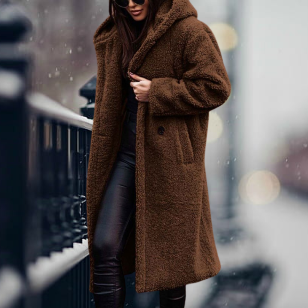 Women's Jacket with Elegant Faux Fur Hood in Brown