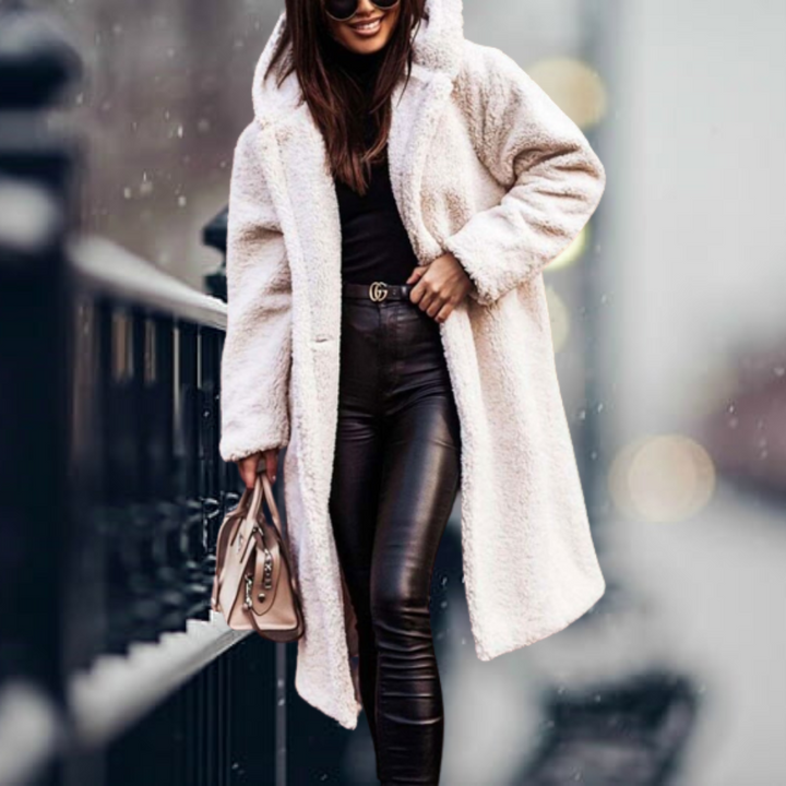 Women's Jacket with Elegant Faux Fur Hood in Cremiges Weiß