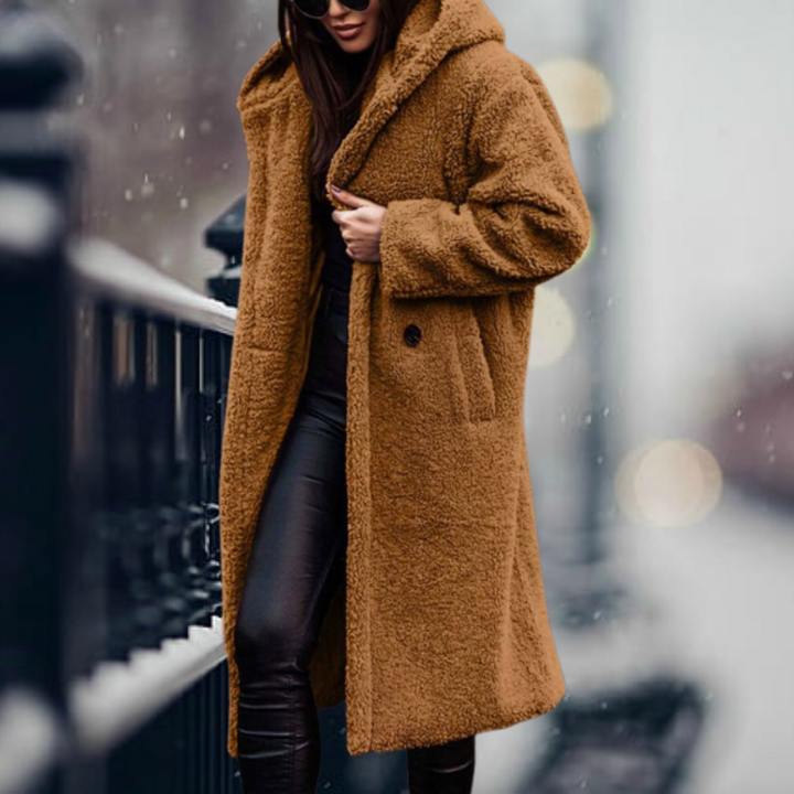 Women's Jacket with Elegant Faux Fur Hood in Goldenes Kamel