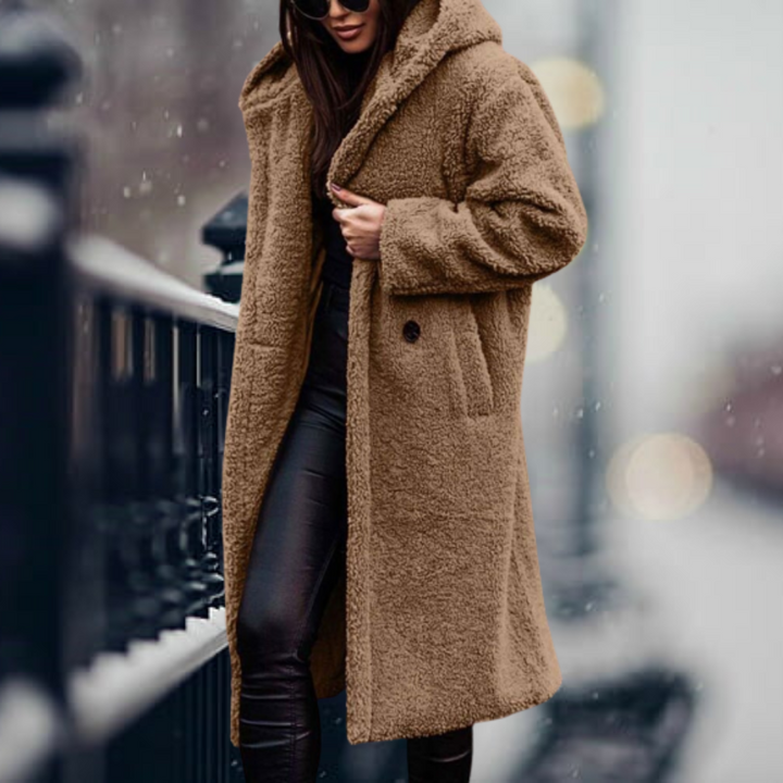 Women's Jacket with Elegant Faux Fur Hood in Kamel
