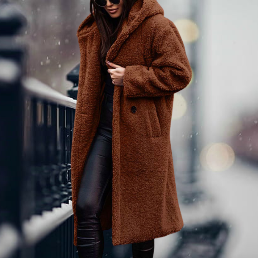 Women's Jacket with Elegant Faux Fur Hood in Rotbraun