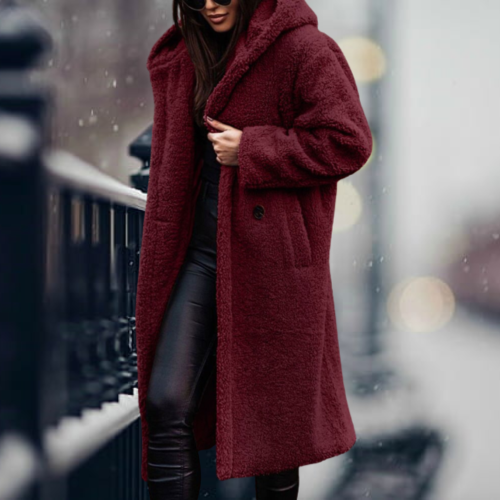 Women's Jacket with Elegant Faux Fur Hood in Rotwein