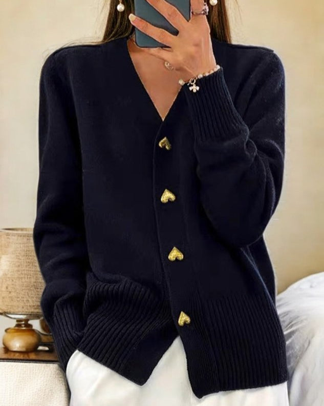 Women's Jumper Dress Cardigan with Gold Buttons in Black