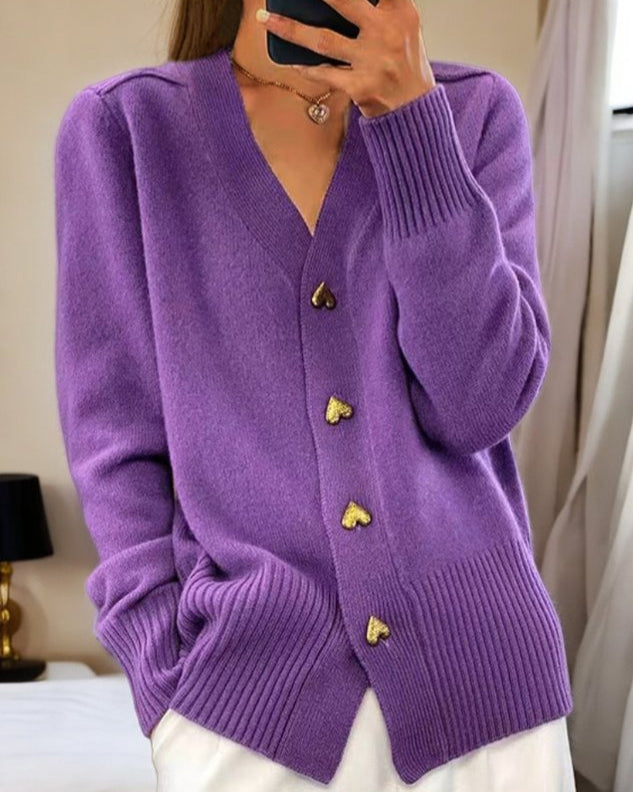 Women's Jumper Dress Cardigan with Gold Buttons in Purple