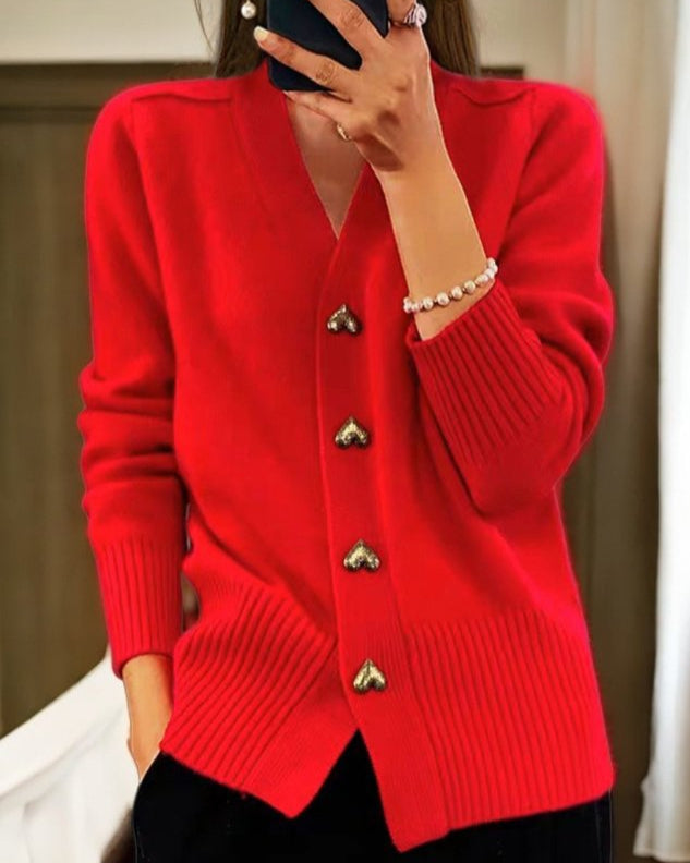 Women's Jumper Dress Cardigan with Gold Buttons in Red