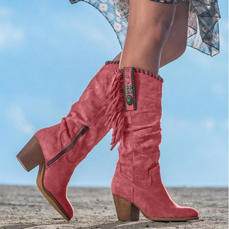 Women's Knee High Boots in Western Style in Red