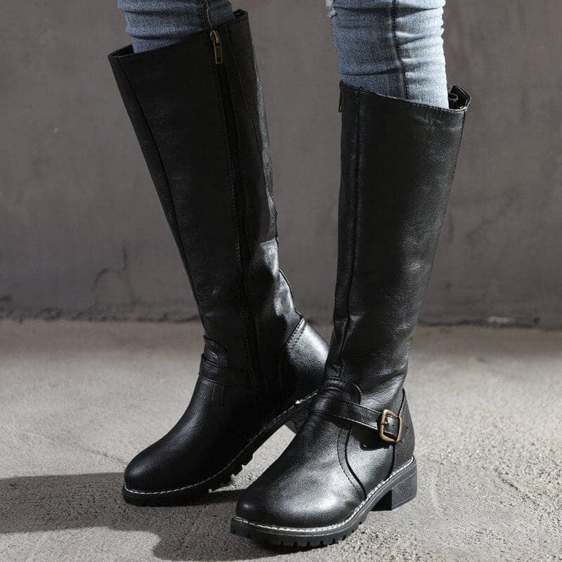 Women's Knee High Boots with Buckle and Zip (4)