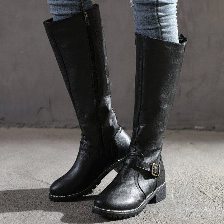Women's Knee High Boots with Buckle and Zip (4)