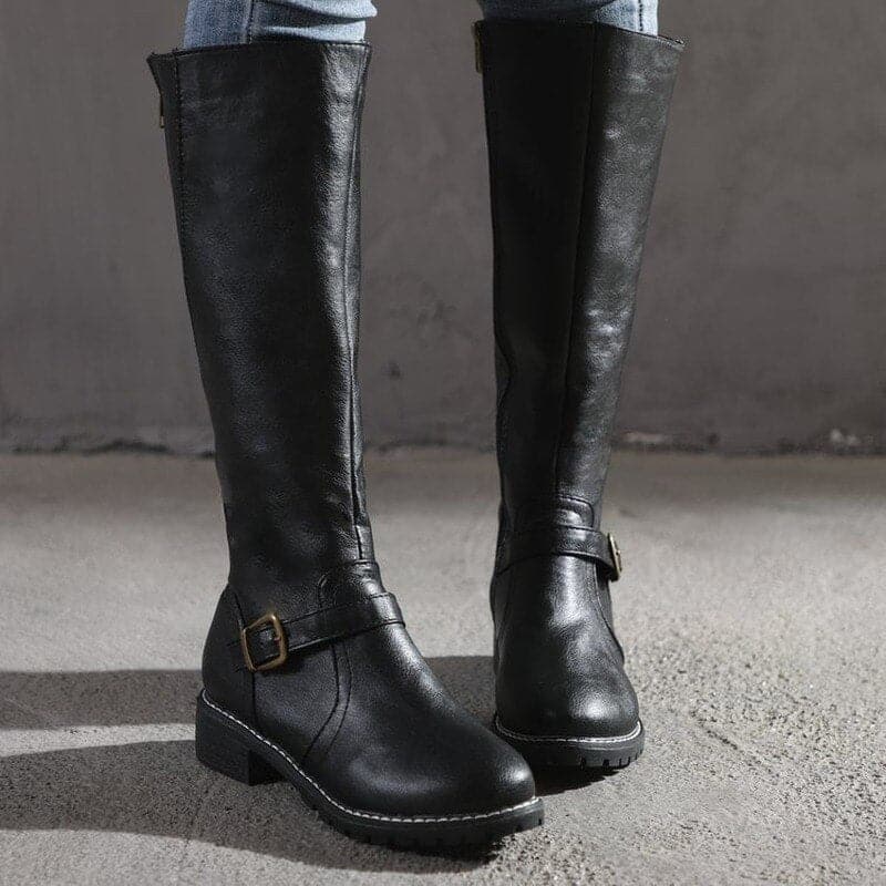 Women's Knee High Boots with Buckle and Zip in Black