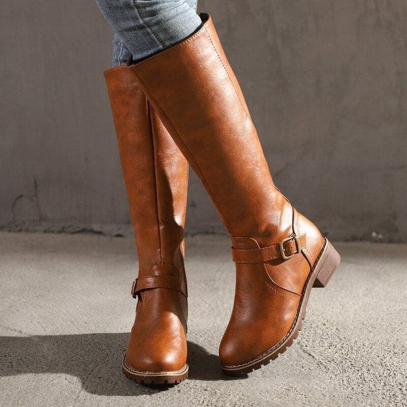 Women's Knee High Boots with Buckle and Zip in Brown