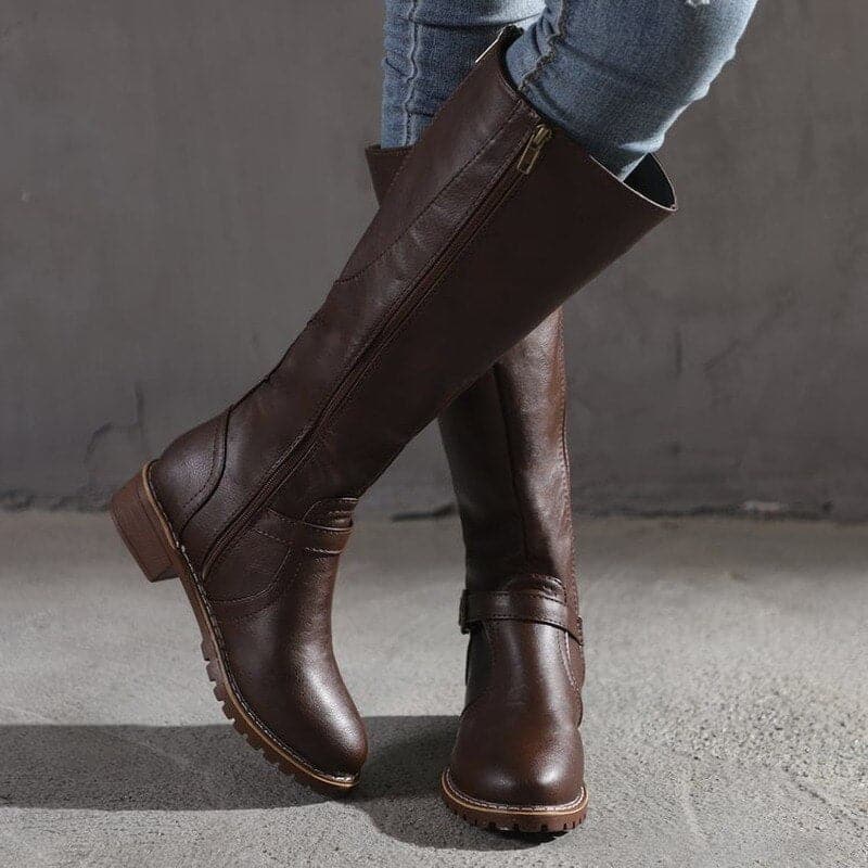 Women's Knee High Boots with Buckle and Zip in Dark Brown
