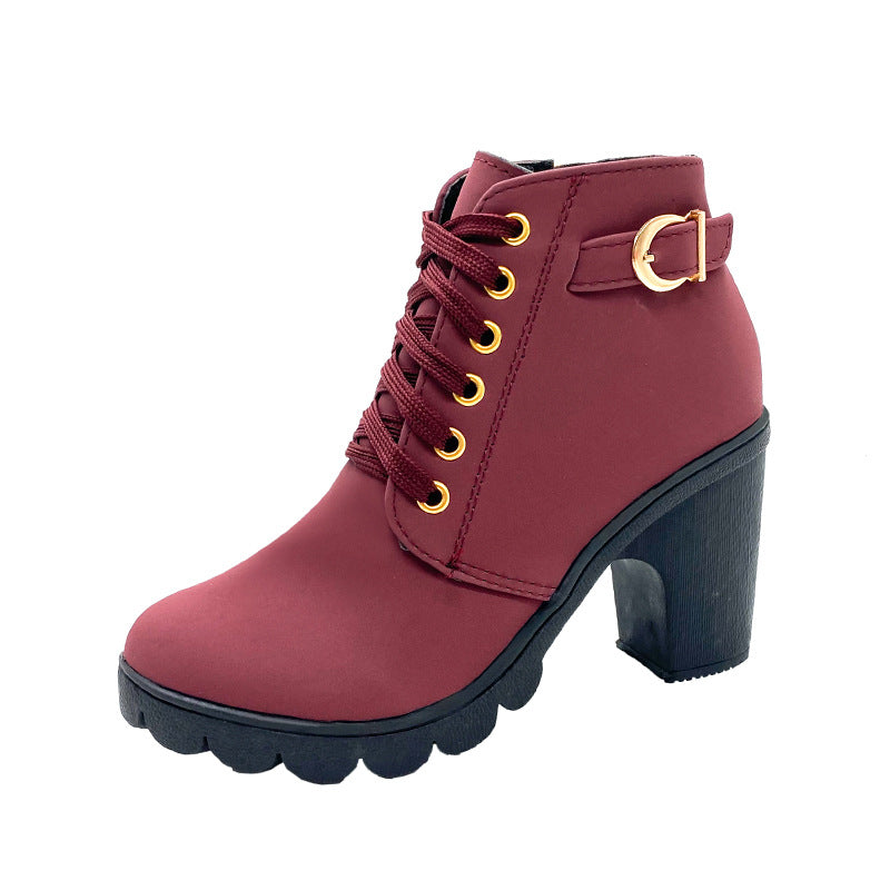 Women's Knee High Boots with Chunky Heel in Burgundy
