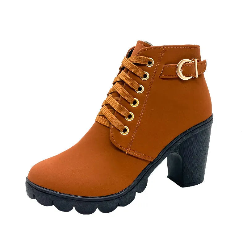Women's Knee High Boots with Chunky Heel in Khaki