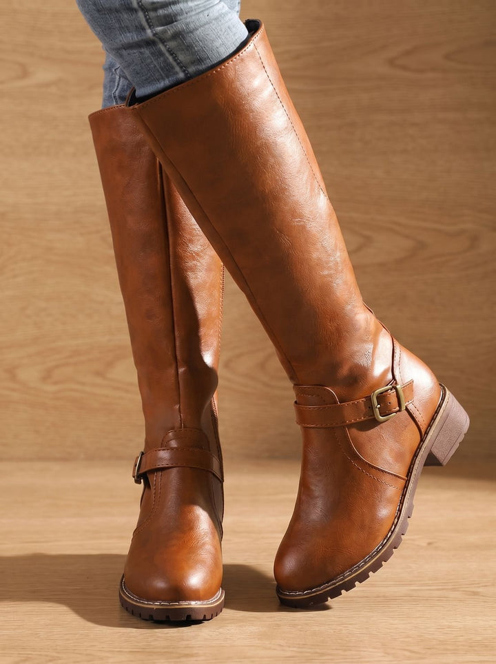 Women's Knee High Boots with Side-Zip in Brown