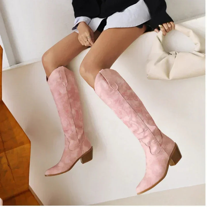 Women's Knee-High Cowboy Leather Boots in Pink