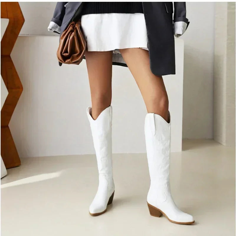 Women's Knee-High Cowboy Leather Boots in White