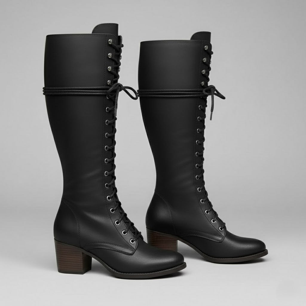 Women's Knee-High Lace-Up Boots with Block Heel in Black 2