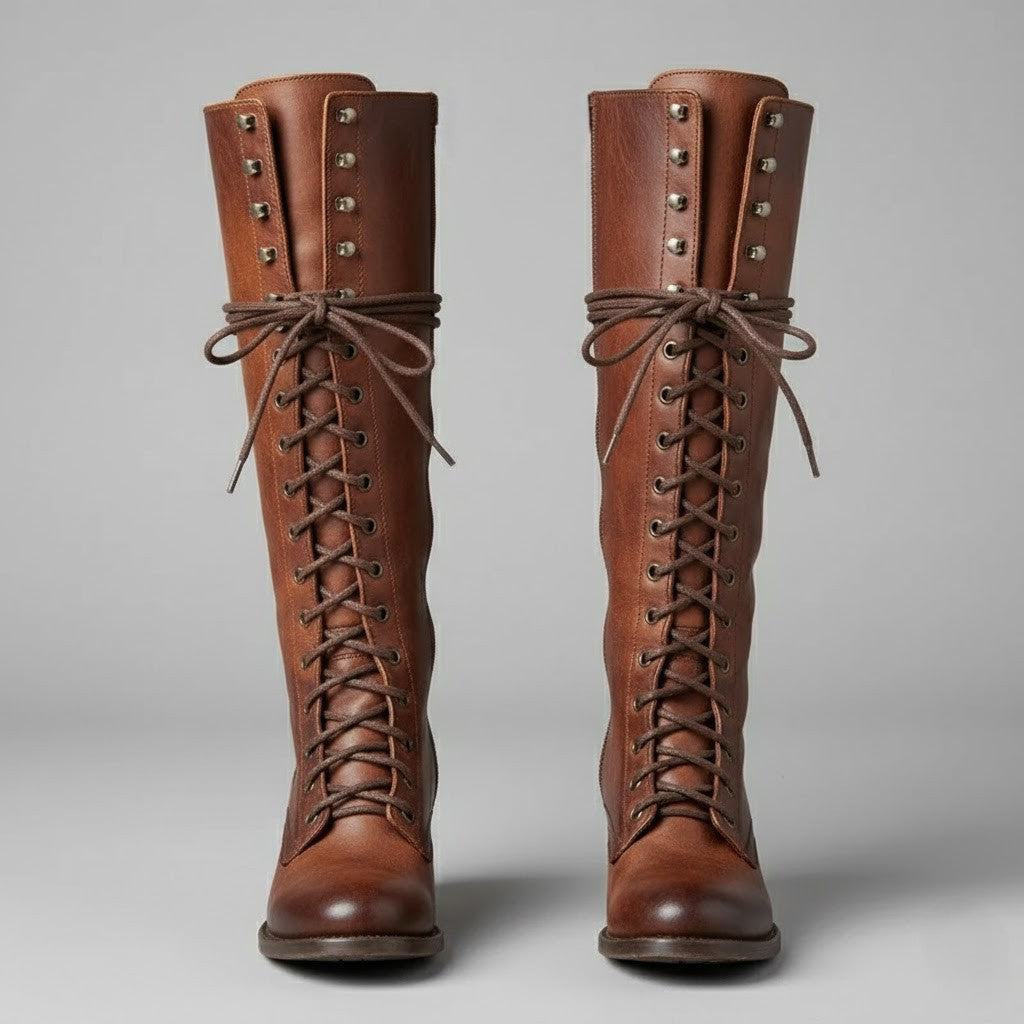 Women's Knee-High Lace-Up Boots with Block Heel in Brown 1