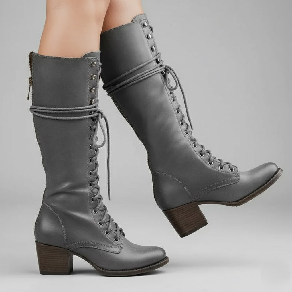 Women's Knee-High Lace-Up Boots with Block Heel in Grey