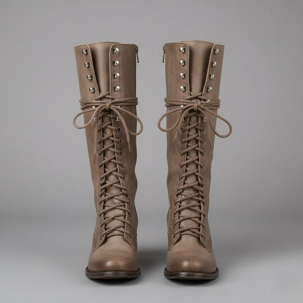 Women's Knee-High Lace-Up Boots with Block Heel in Khaki 1