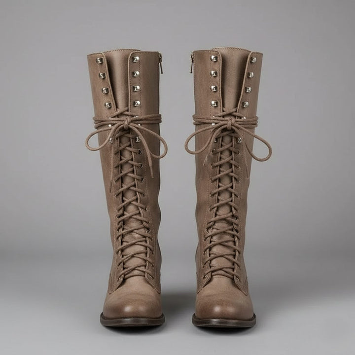 Women's Knee-High Lace-Up Boots with Block Heel in Khaki 1