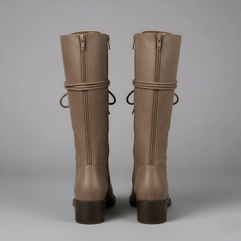 Women's Knee-High Lace-Up Boots with Block Heel in Khaki 2