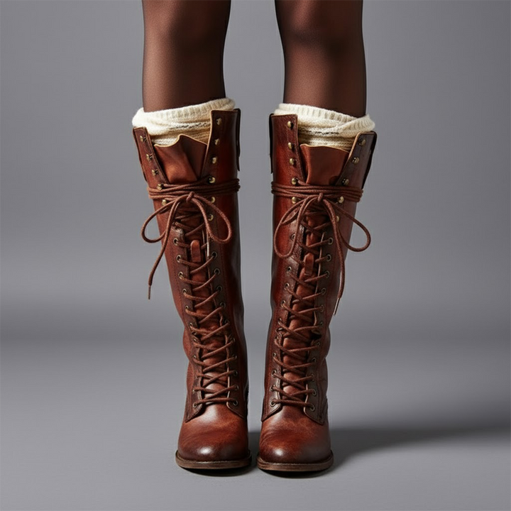 Women's Knee-High Lace-Up Boots with Block Heel in Red Brown