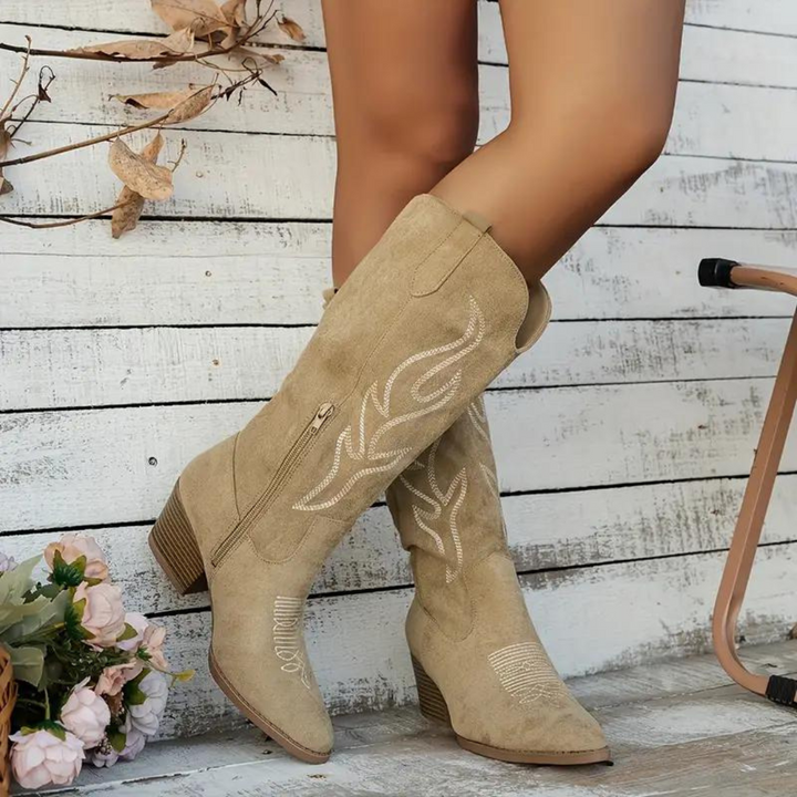 Women's Knee-High Pointed Leather Cowboy Boots in Beige