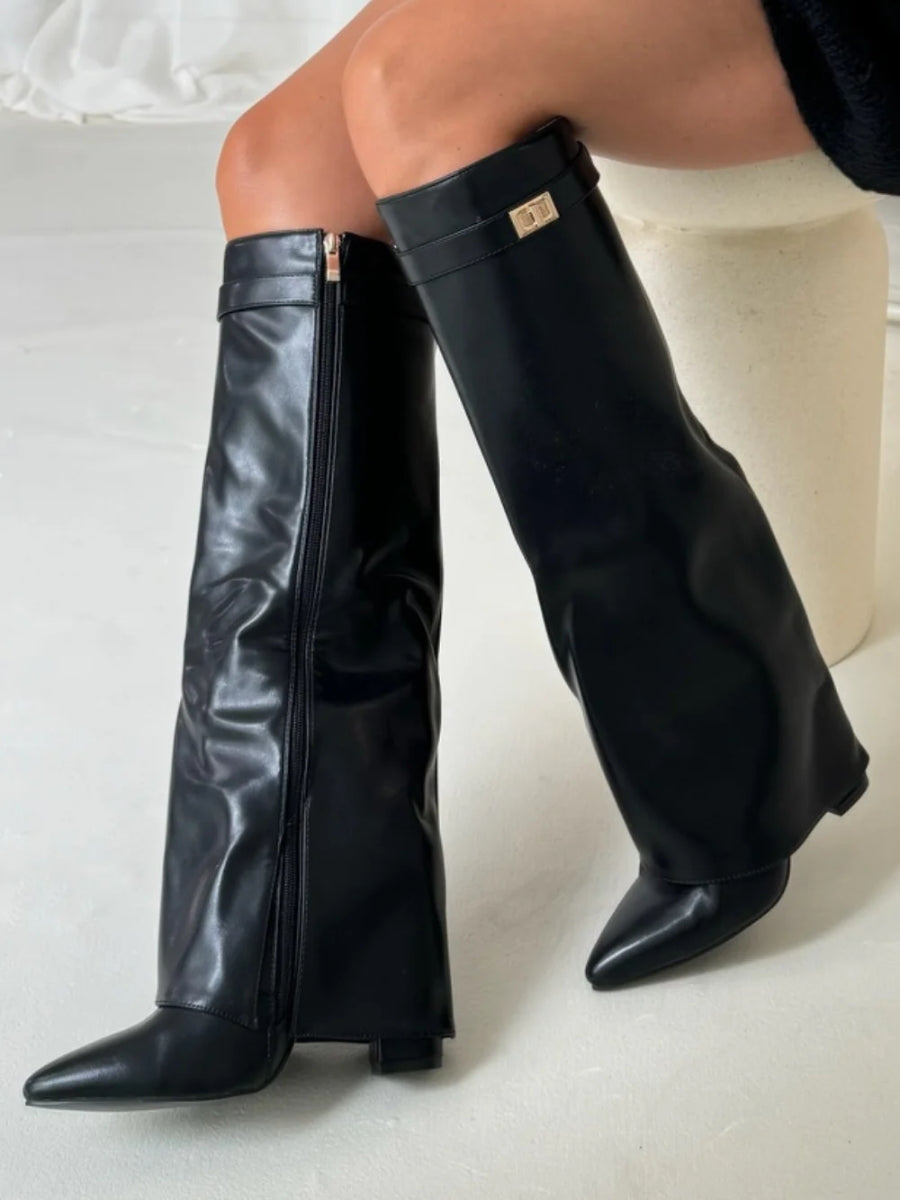 Women's Knee-High Pointed-Toe Boots with Buckle Strap (14)