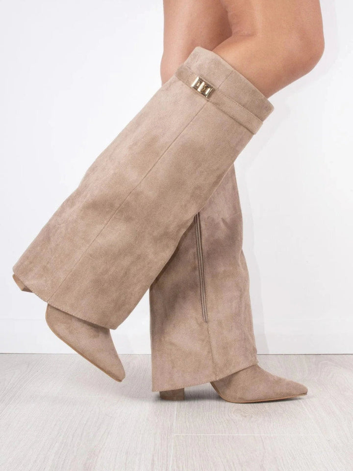 Women's Knee-High Pointed-Toe Boots with Buckle Strap in Beige