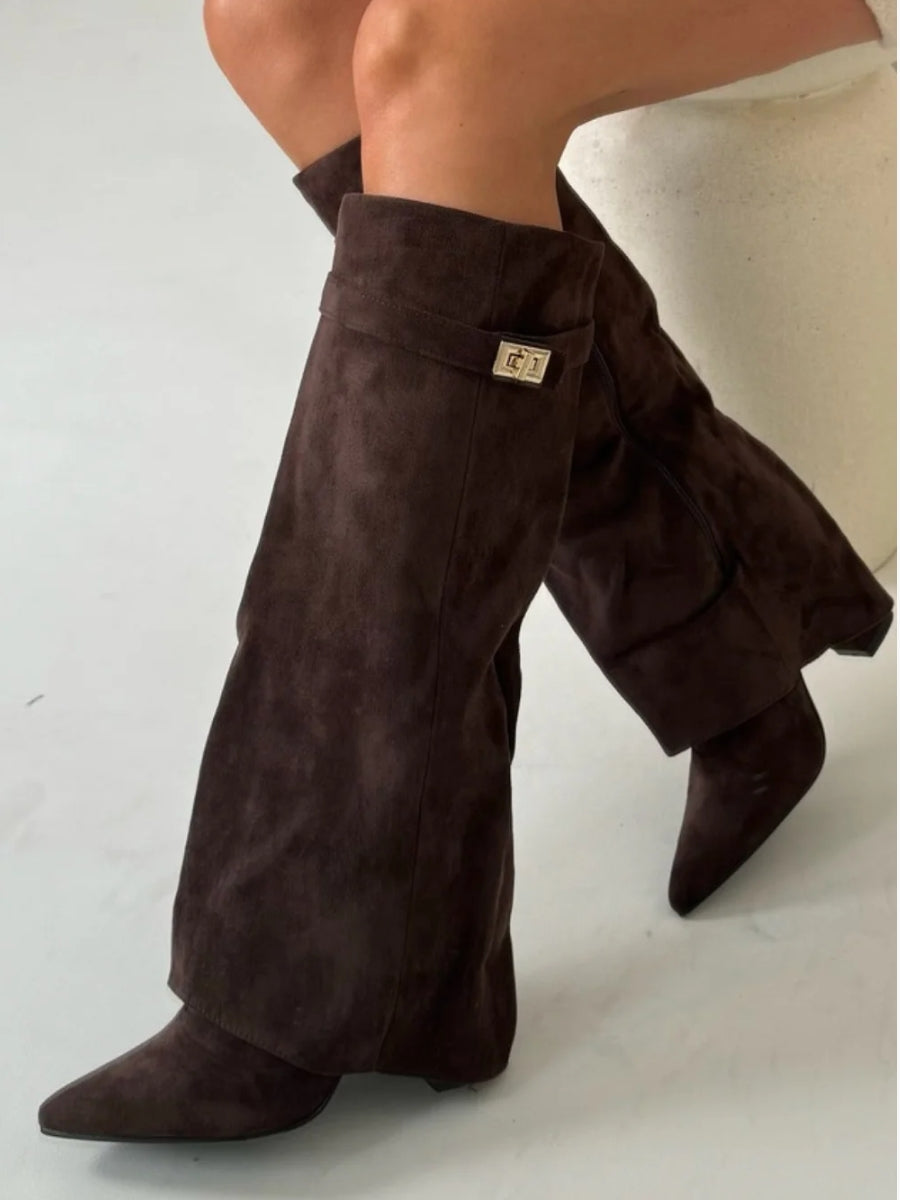 Women's Knee-High Pointed-Toe Boots with Buckle Strap in Brown