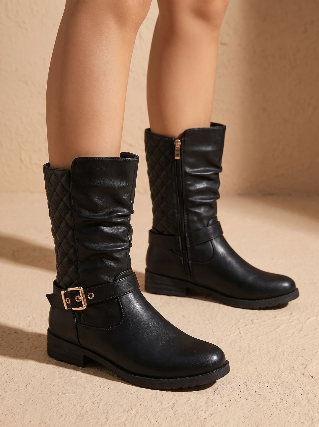 Women's Knee-High Slouch Boots with Gold Buckle in Gold-coloured 1