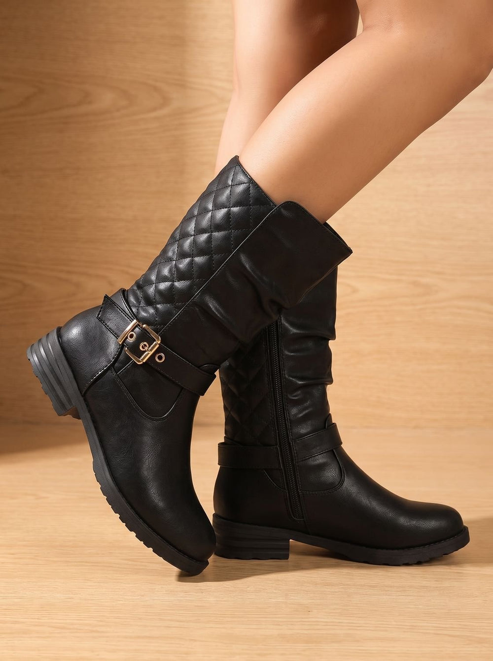 Women's Knee-High Slouch Boots with Gold Buckle in Gold-coloured 2
