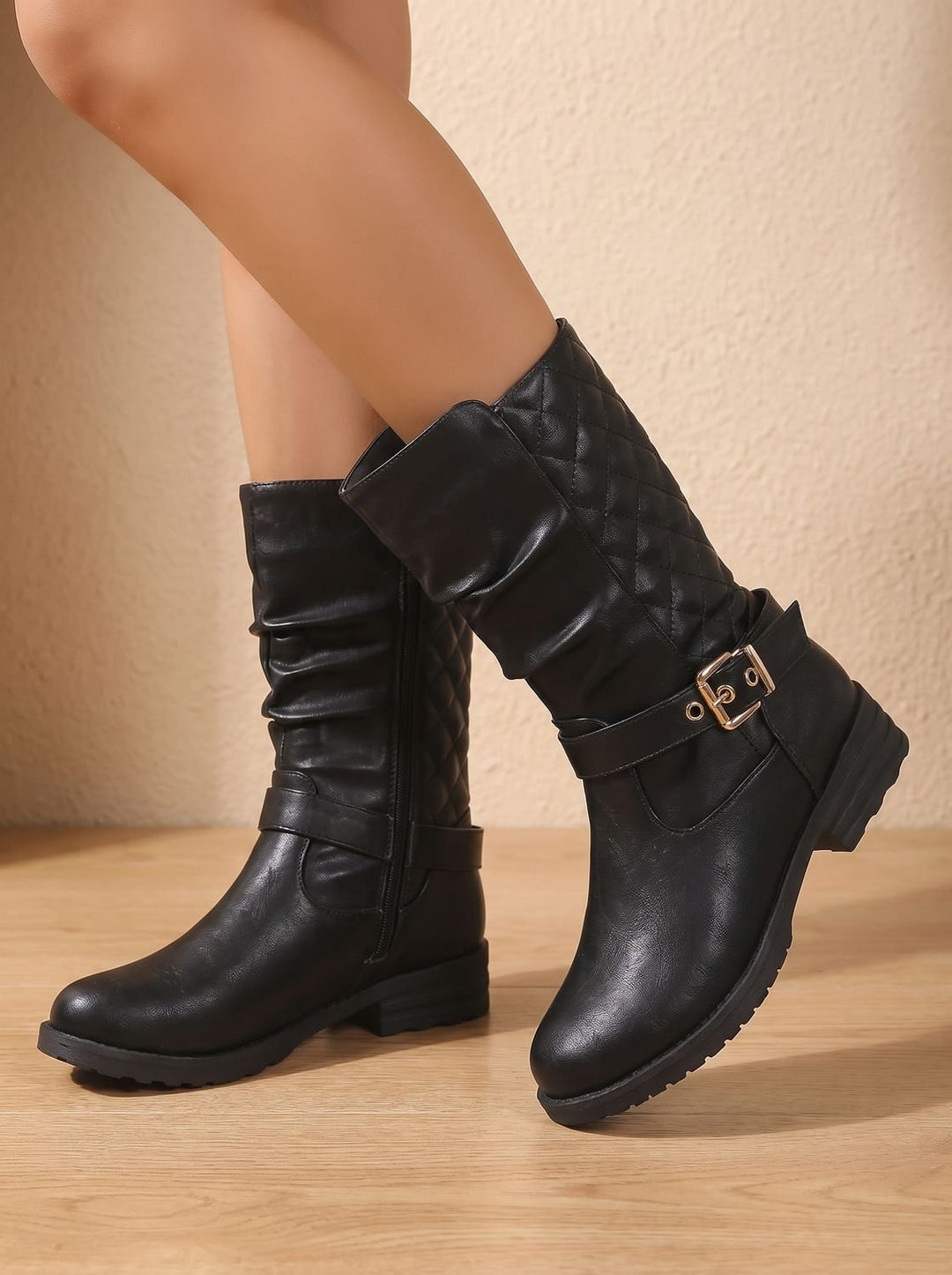 Women's Knee-High Slouch Boots with Gold Buckle in Gold-coloured 3