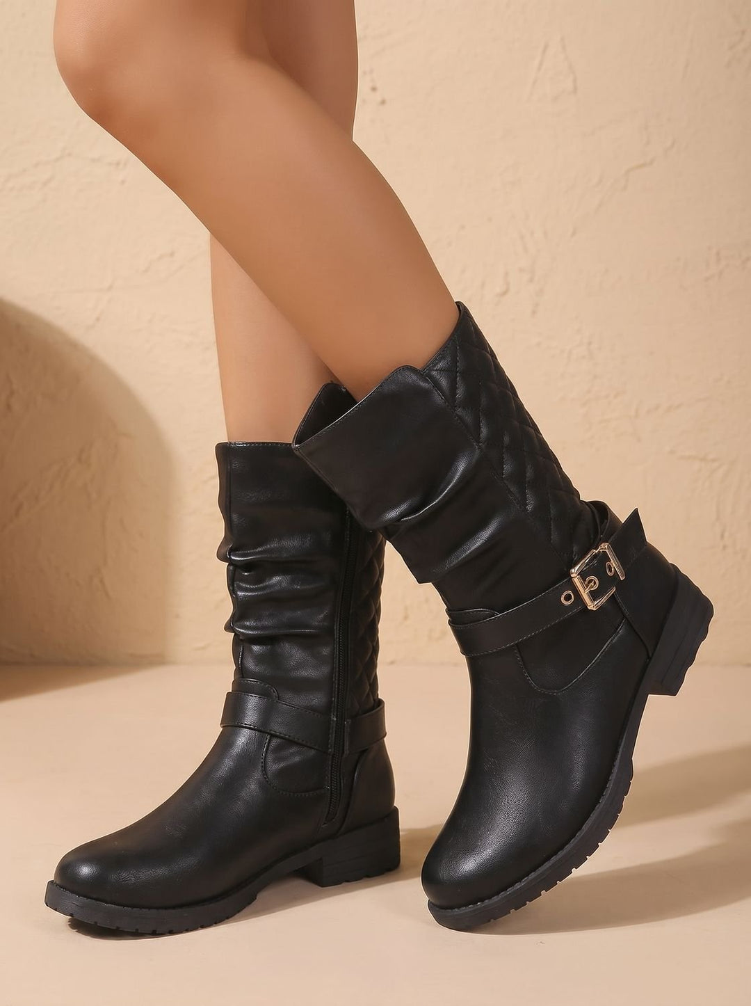 Women's Knee-High Slouch Boots with Gold Buckle in Gold-coloured 4