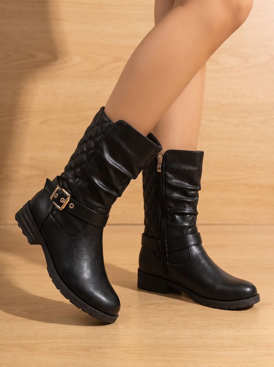 Women's Knee-High Slouch Boots with Gold Buckle in Gold-coloured 5