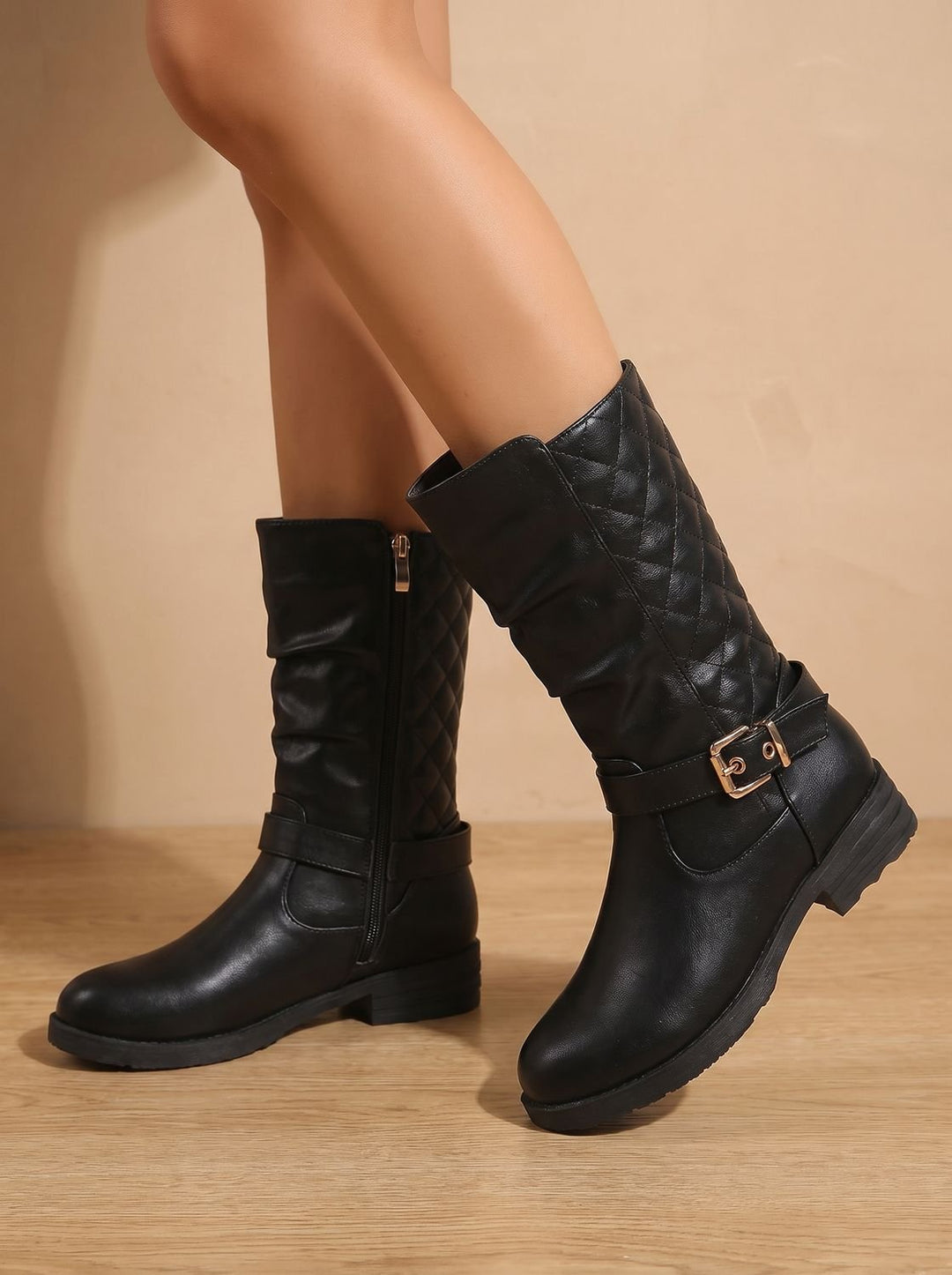 Women's Knee-High Slouch Boots with Gold Buckle in Gold-coloured 7