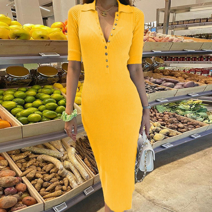 Women's Knee-Length Tailored Ribbed Knitted Dress in Yellow