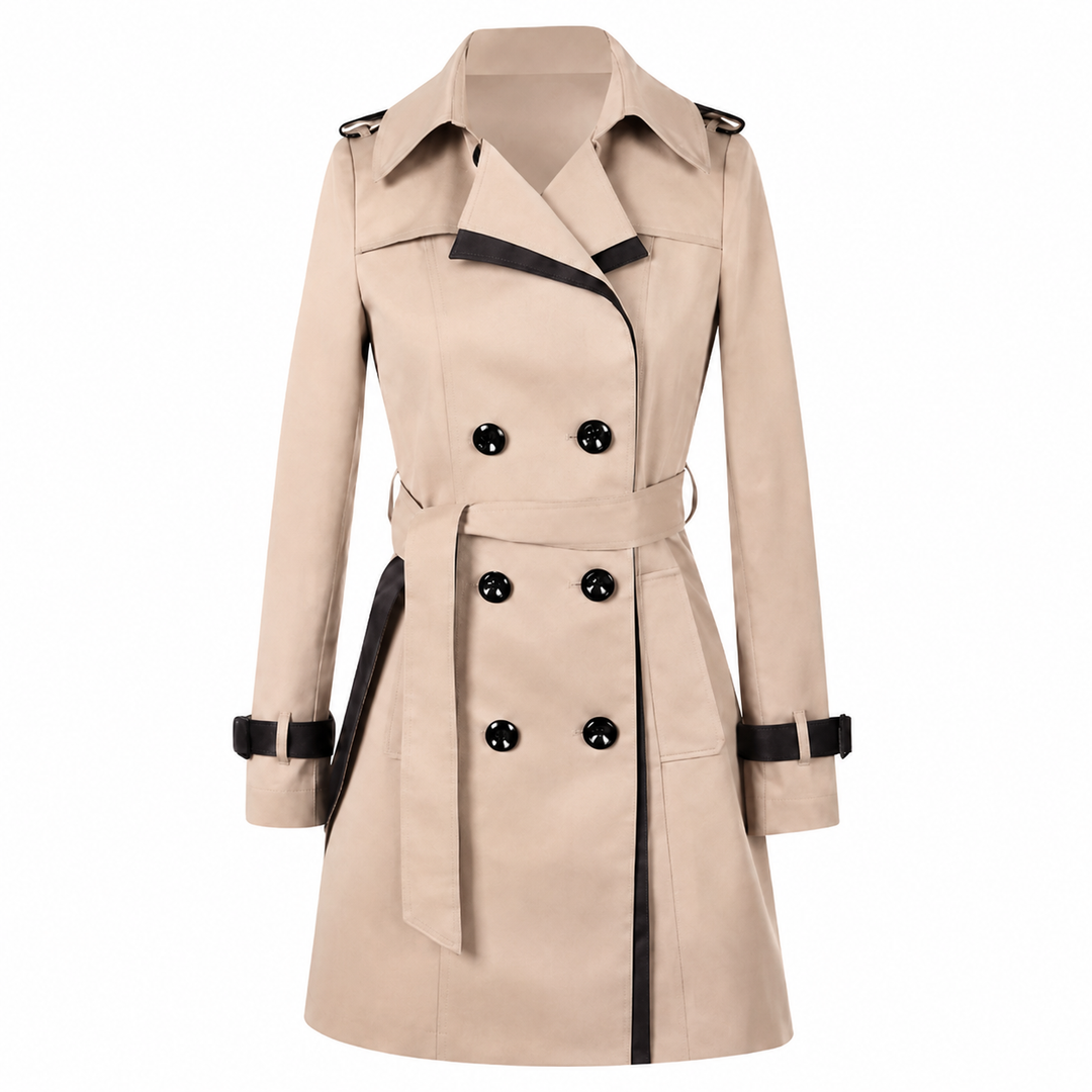 Women's Knee-Length Trench Coat with Waist Belt in Beige