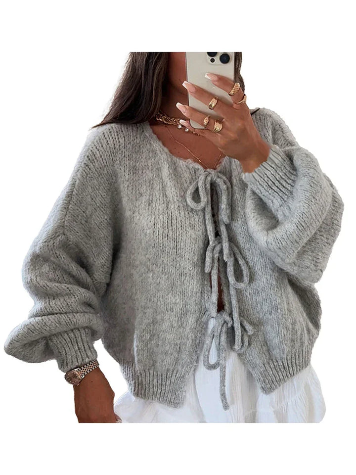 Women's Knit Cardigan with Bows in Light Grey