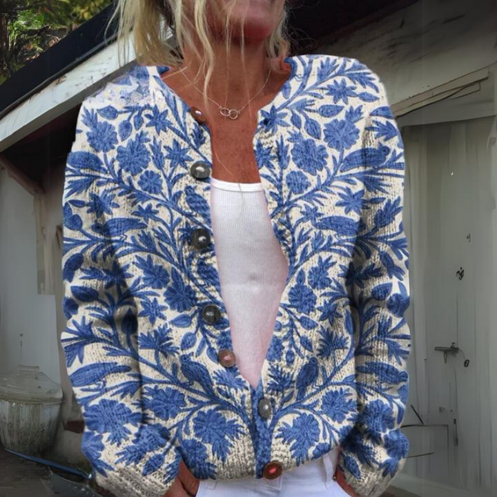 Women's Knit Cardigan with Floral Print in Blue