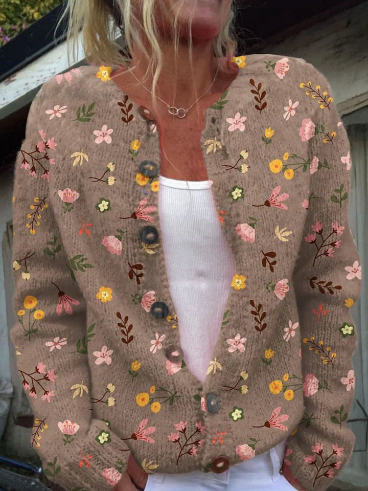 Women's Knit Cardigan with Floral Print in Brown