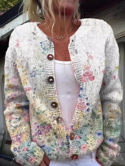 Women's Knit Cardigan with Floral Print in White