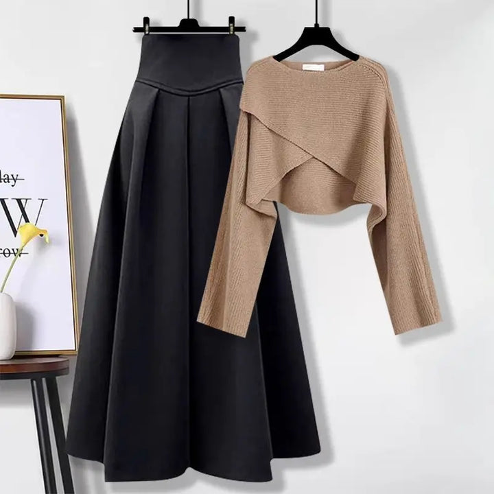 Women's Knit Pullover Skirt Set for Autumn in Braunes Oberteil + Rock