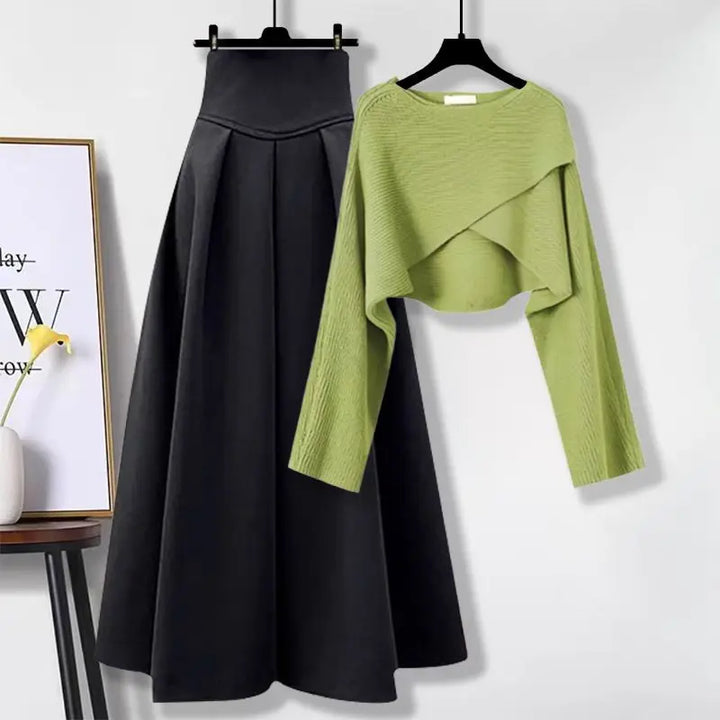 Women's Knit Pullover Skirt Set for Autumn in Grünes Oberteil + Rock