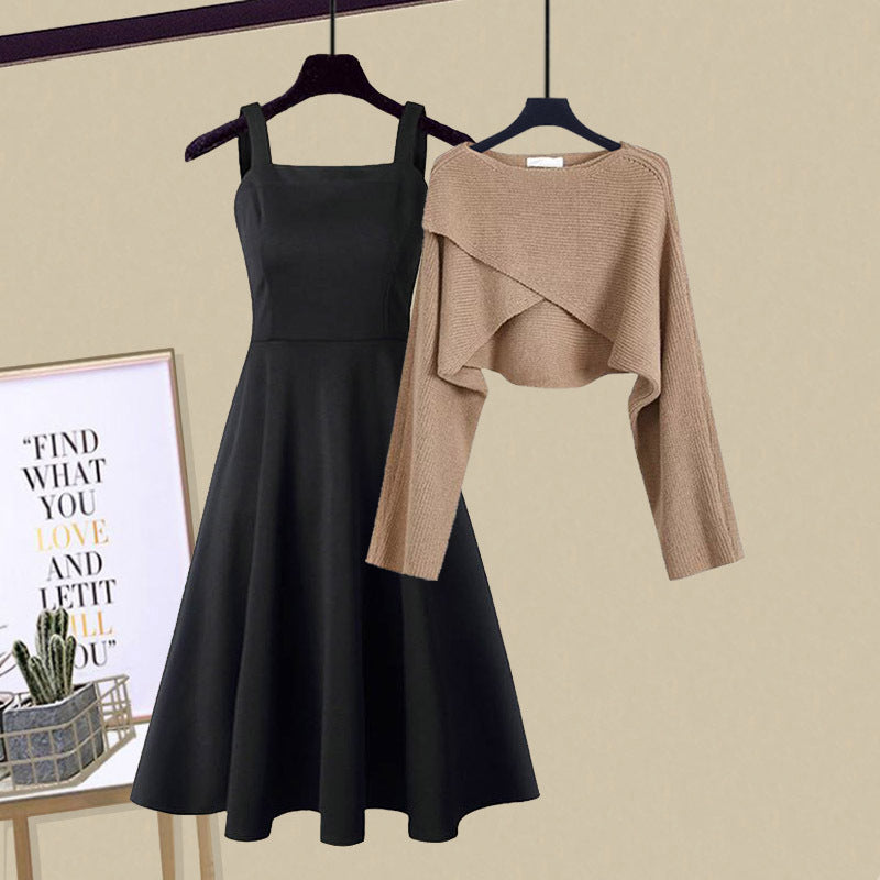 Women's Knitted Dress and Cropped Sweater Set in Brown 1
