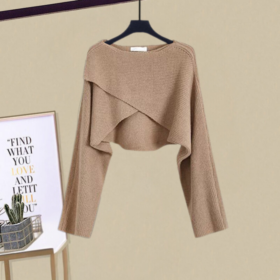 Women's Knitted Dress and Cropped Sweater Set in Brown 2