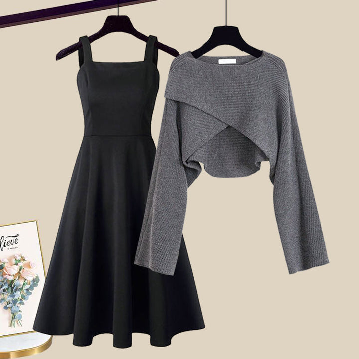 Women's Knitted Dress and Cropped Sweater Set in Grey 1