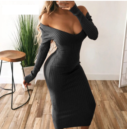 Women's Knitted Dress for Autumn Occasions in Black